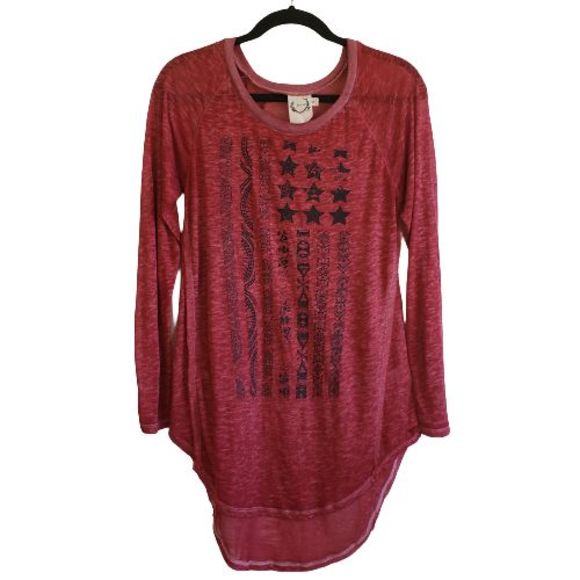 Sea Gypsies Long Sleeve Tunic Top Womens Small Flag Red Longline Sheer Boho - Picture 1 of 12